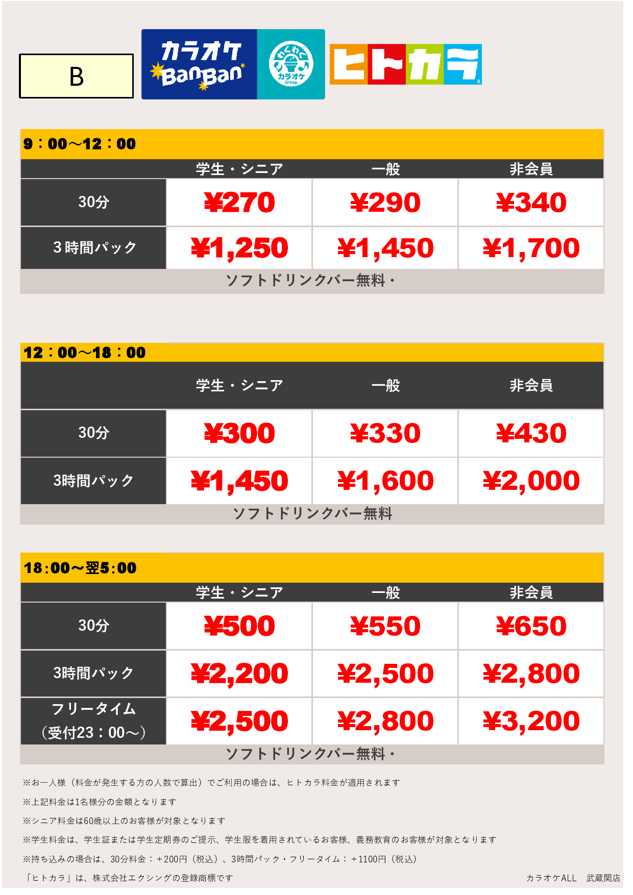 料金表B（ヒトカラ）表