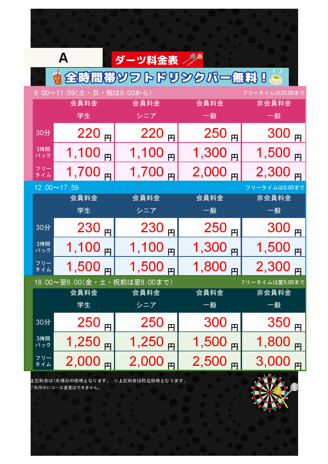 A料金（アミューズメント）表