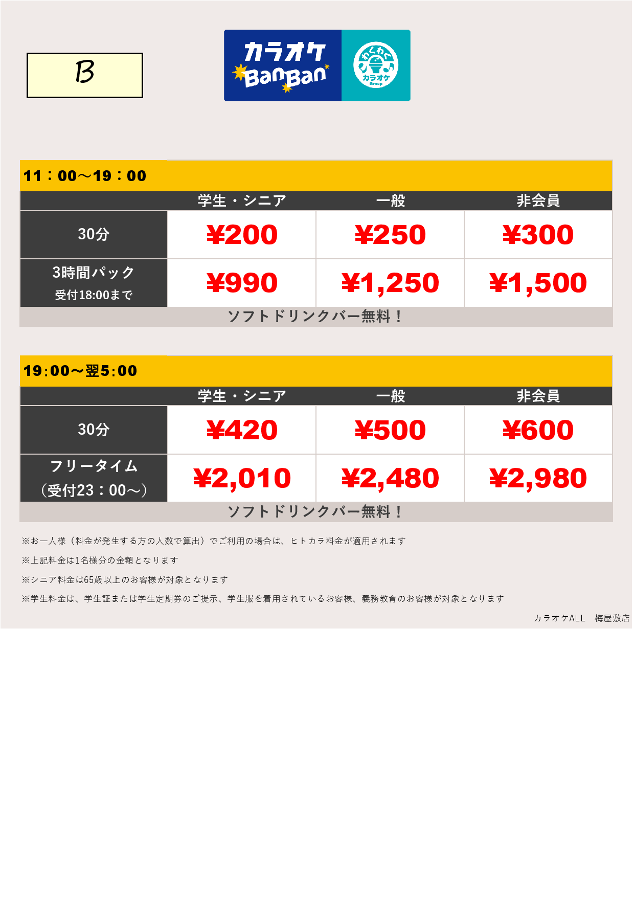 料金表B表
