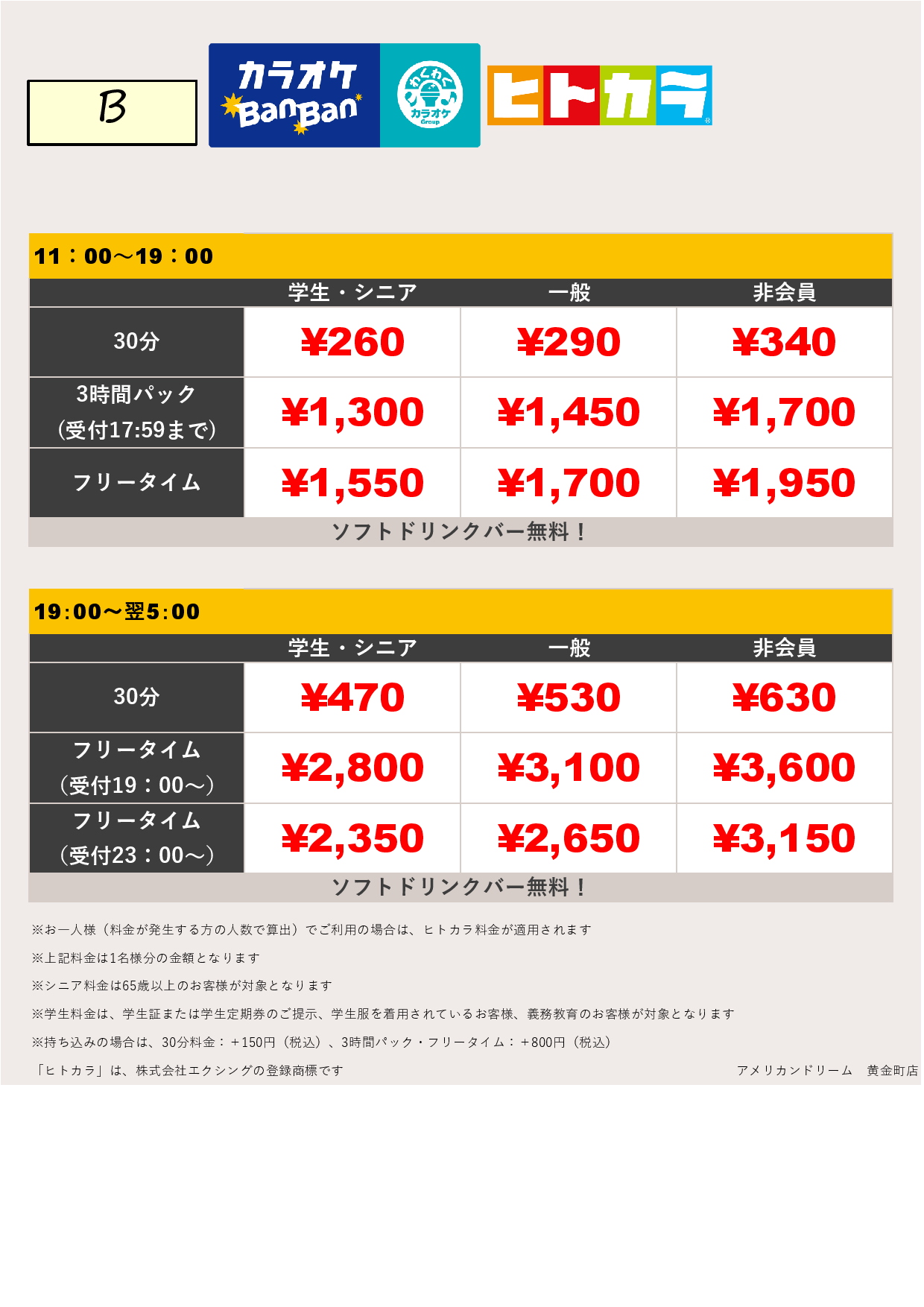 料金表B（ヒトカラ）表