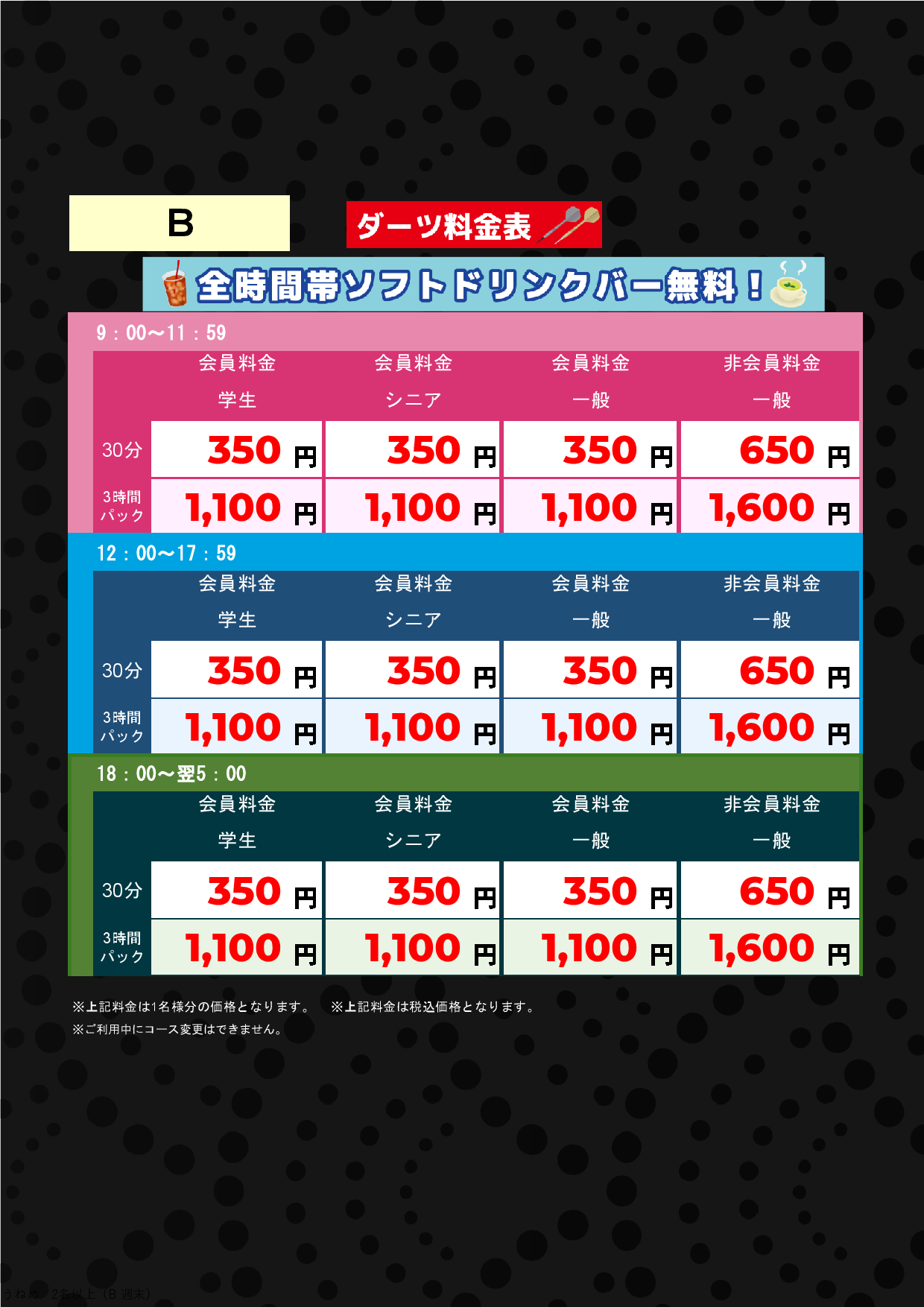 ダーツB料金表