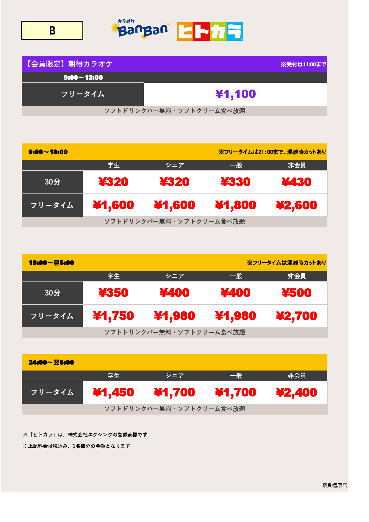 料金表B（ヒトカラ）表