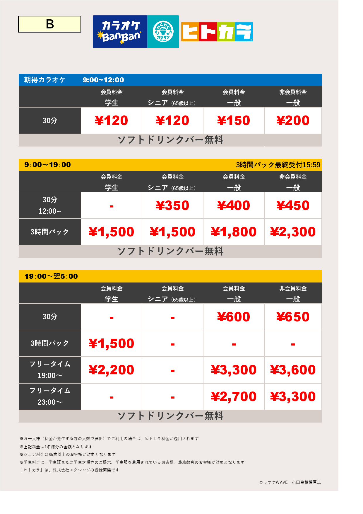 料金表B（ヒトカラ）表