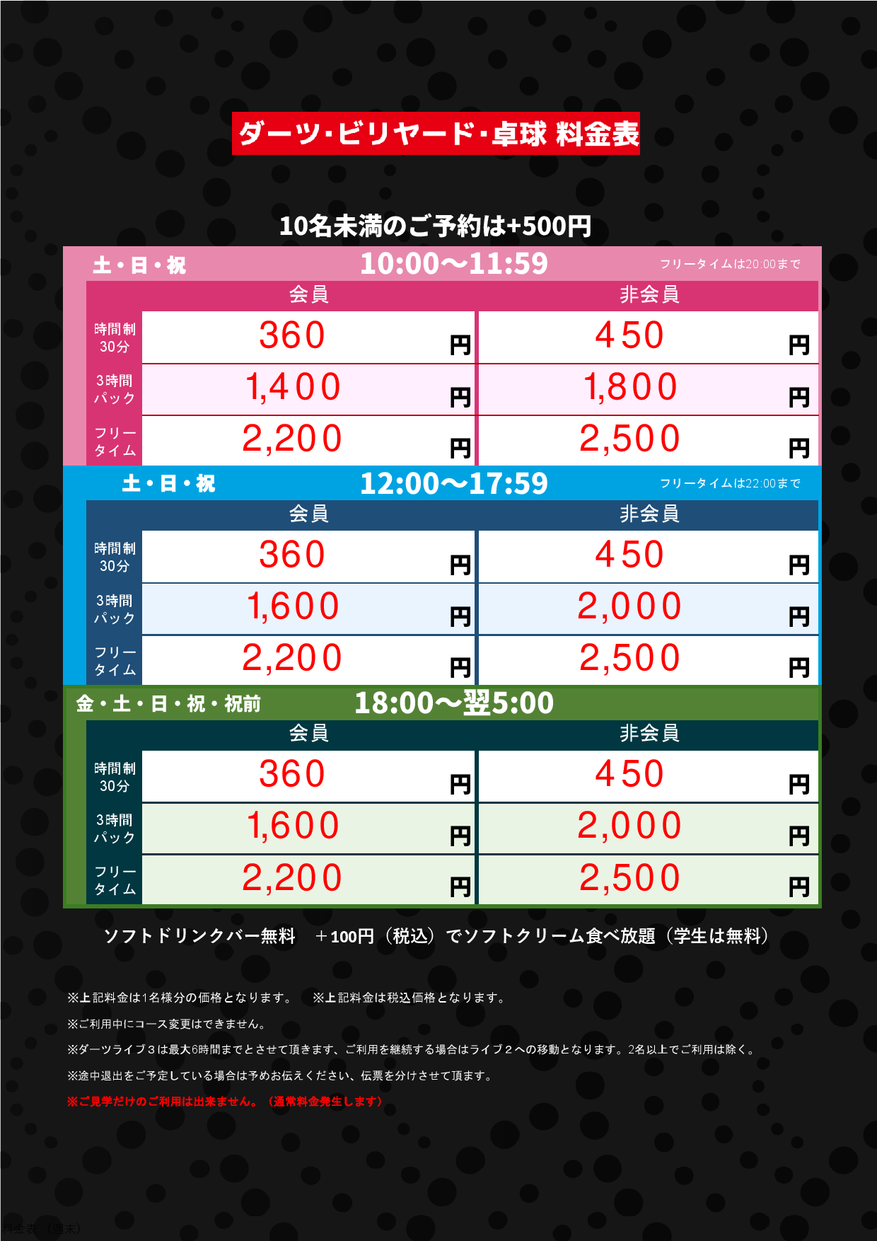 週末（ダーツビリヤード卓球）表